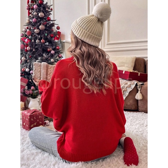 Red Oversized Pullover Sweater Snowflake Turtleneck Long Sleeve Knit - Picture 3 of 8